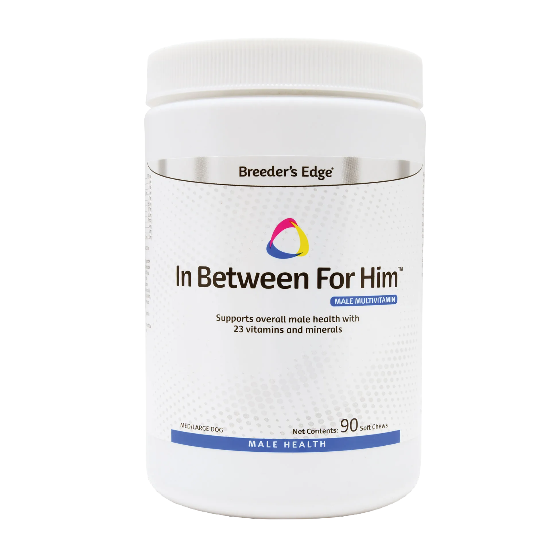Breeder's Edge® In Between For Him™,"White supplement bottle with ribbed white cap, front label view"