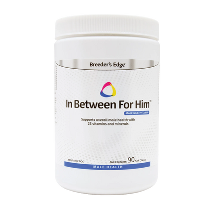Breeder's Edge® In Between For Him™,"White supplement bottle with ribbed white cap, front label view"