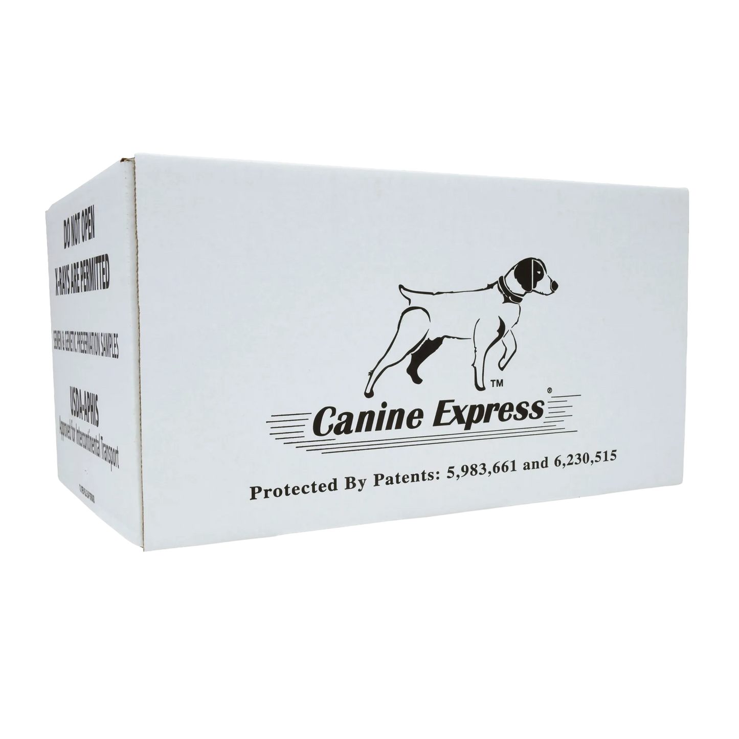 Canine Express Semen Transport Kit,"White shipping box with dog graphic, angled front view"