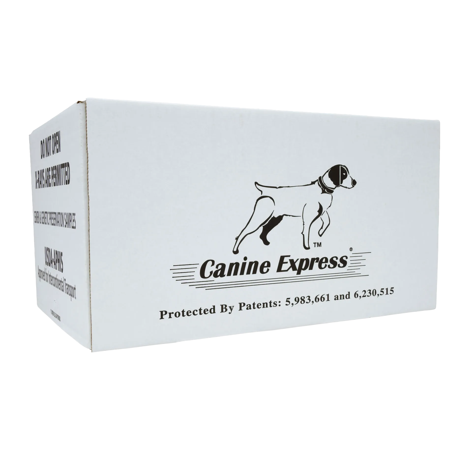 Canine Express Semen Transport Kit,"White shipping box with dog graphic, angled front view"