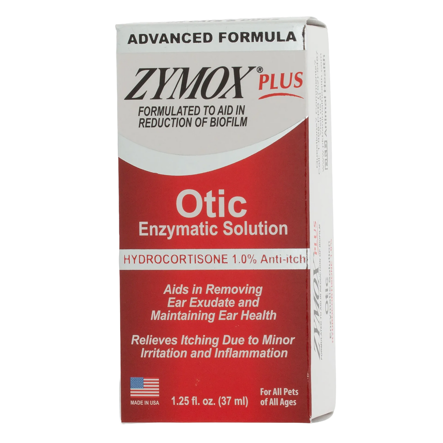 Zymox® Plus Otic-HC Enzymatic Solution,"Front view of red and white product box"