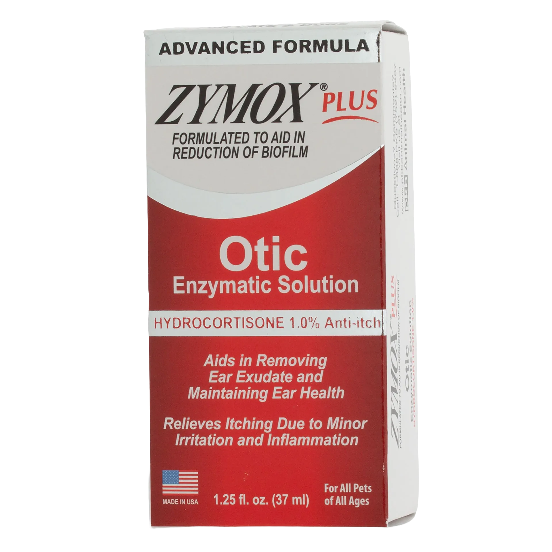Zymox® Plus Otic-HC Enzymatic Solution,"Front view of red and white product box"