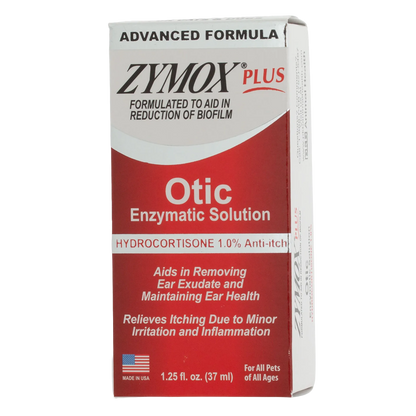 Zymox® Plus Otic-HC Enzymatic Solution,"Front view of red and white product box"