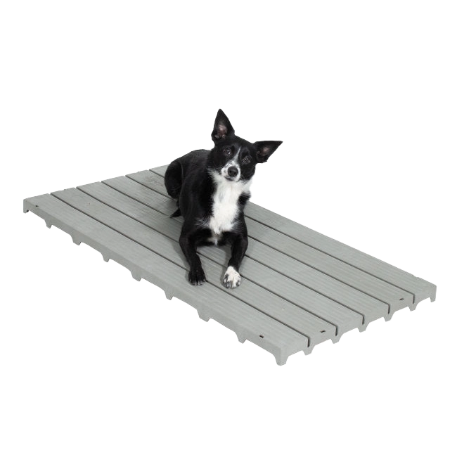 Kennel Deck®,"Gray slatted kennel deck with dog lying on top"