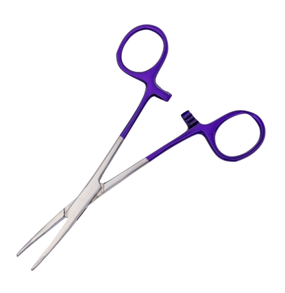 Aaronco Hemostat Straight with Purple handles,"Straight hemostat with purple ring handles"