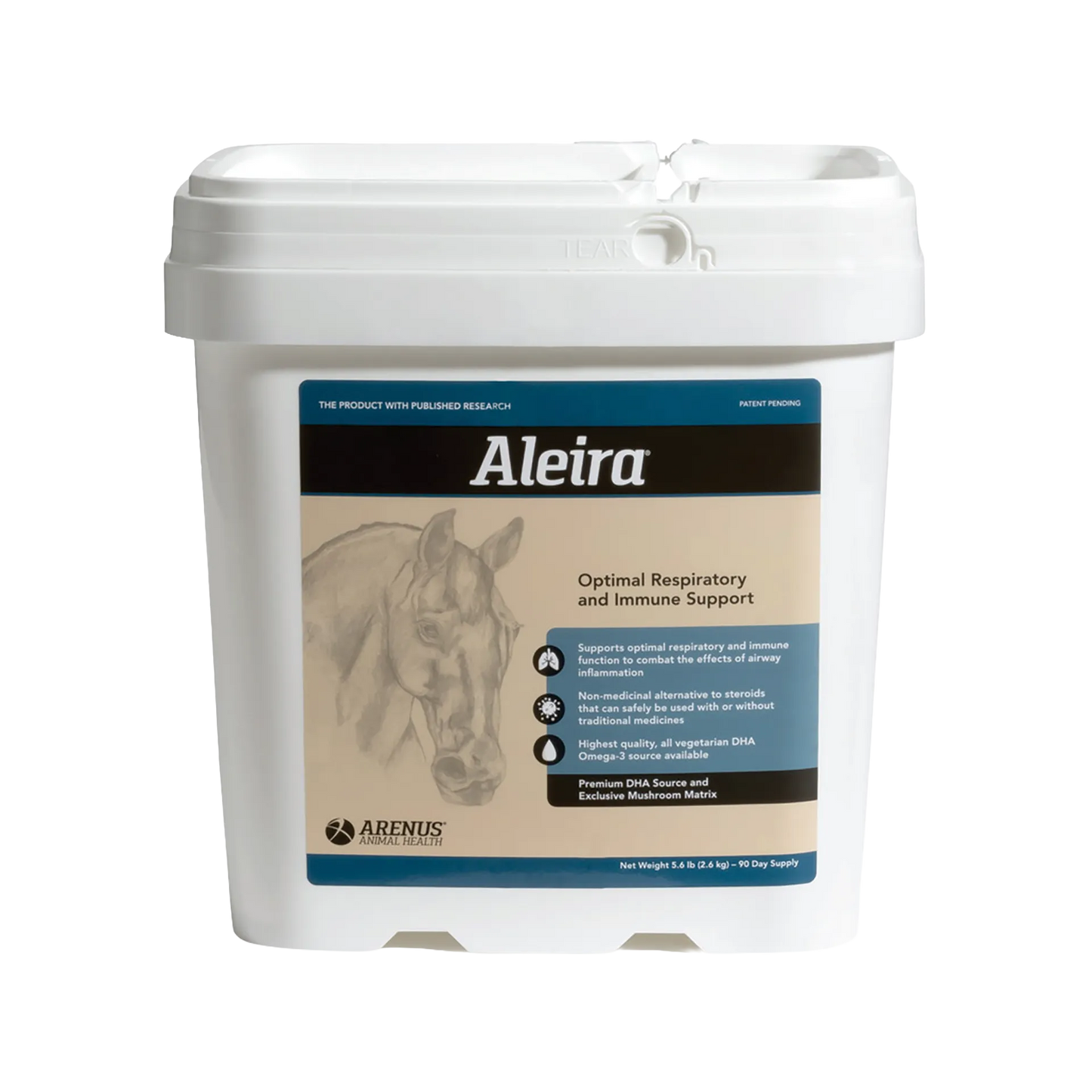 Aleira®,"White plastic tub with hinged lid and horse label"