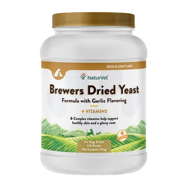 Brewers Dried Yeast Formula with Garlic Flavoring,"White plastic supplement jar with gold lid, front label view"
