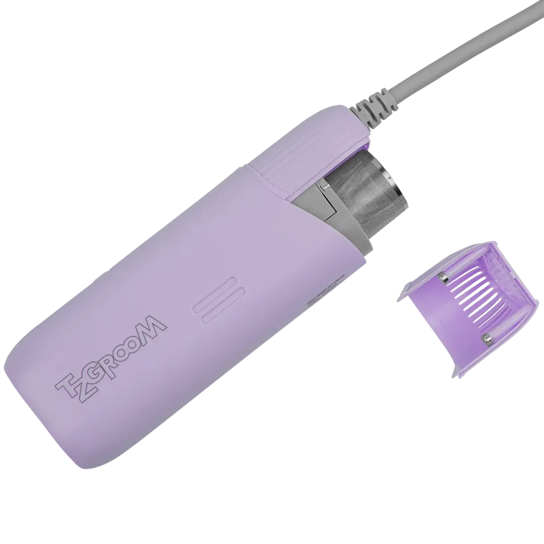 Mini Portable Neck Dryer by TZGroom,"Purple handheld dryer with detached guard cap"