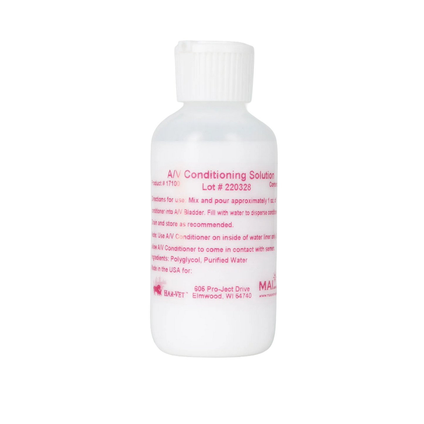 AV Conditioning Solution,"White plastic bottle with ribbed cap and pink label"