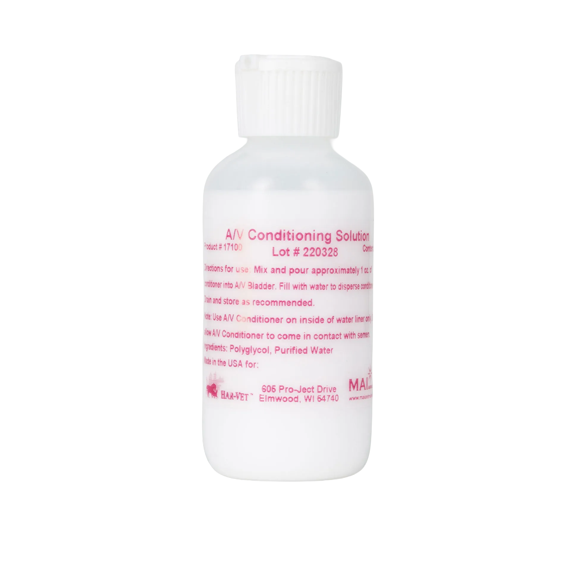 AV Conditioning Solution,"White plastic bottle with ribbed cap and pink label"