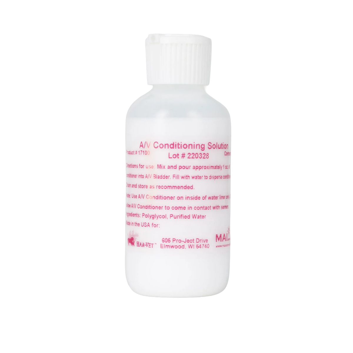 AV Conditioning Solution,"White plastic bottle with ribbed cap and pink label"