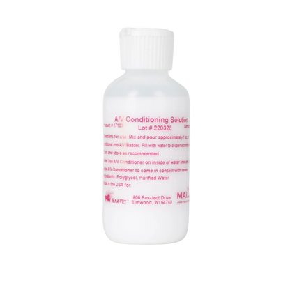 AV Conditioning Solution,"White plastic bottle with ribbed cap and pink label"