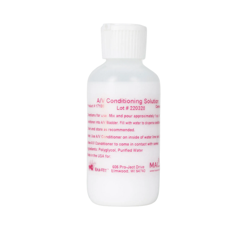 AV Conditioning Solution,"White plastic bottle with ribbed cap and pink label"