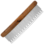 Aaronco 7"" HoneyCurve Staggered Pins Comb Wood Handle,"Wood-handled pet comb with staggered metal pins"