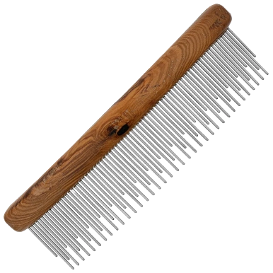 Aaronco 7"" HoneyCurve Staggered Pins Comb Wood Handle,"Wood-handled pet comb with staggered metal pins"