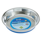 Shallow Heavy Pet Dishes,"Stainless steel pet dish with blue rubber base and center label"