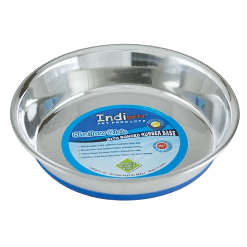 Shallow Heavy Pet Dishes,"Stainless steel pet dish with blue rubber base and center label"