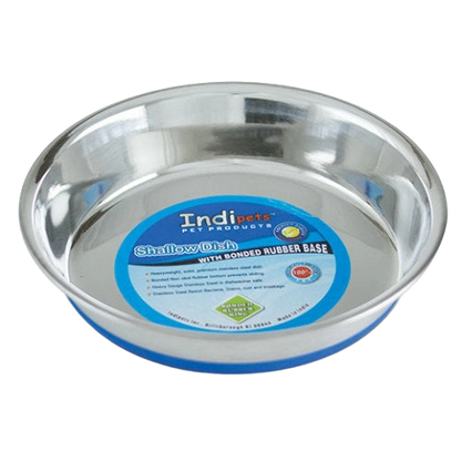 Shallow Heavy Pet Dishes,"Stainless steel pet dish with blue rubber base and center label"