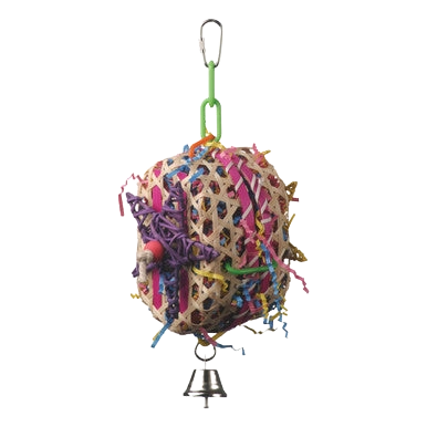 Basket Case,"Woven hanging ball toy with colorful paper strips and bell"