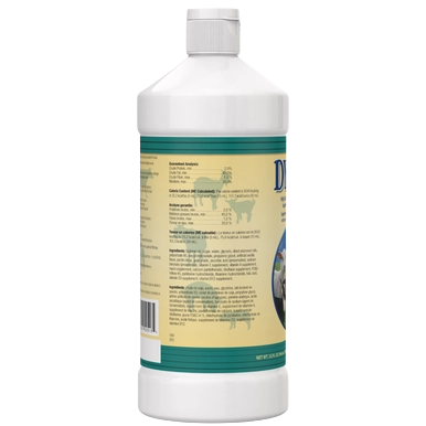 PetAg Dyne High Calorie Liquid Nutritional Supplement for Livestock,"Back view of bottle with yellow label"