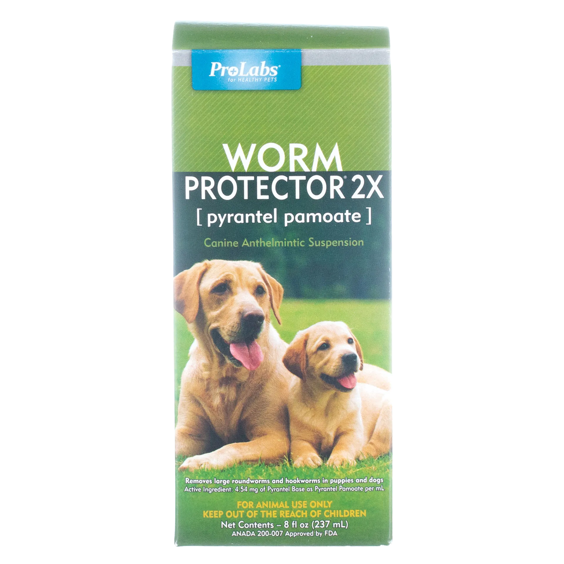 Worm Protector® 2X,"Green product box with adult dog and puppy"