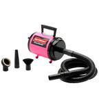 Air Force Commander Two Speed Dryer,"Pink dryer with coiled hose and three nozzle attachments"
