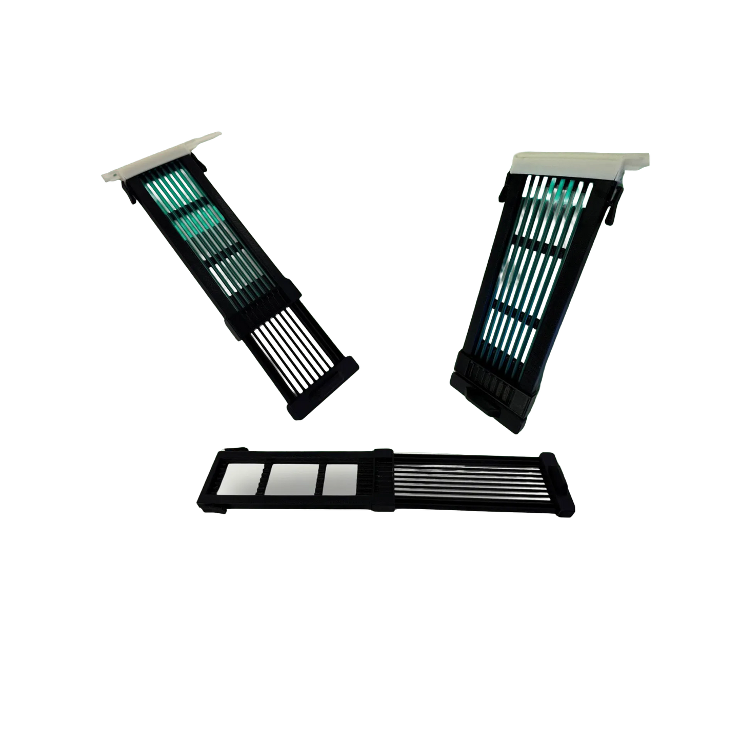 STUDS (Straw to Uterus Delivery System),"Three black racks holding clear tubes with green inserts"