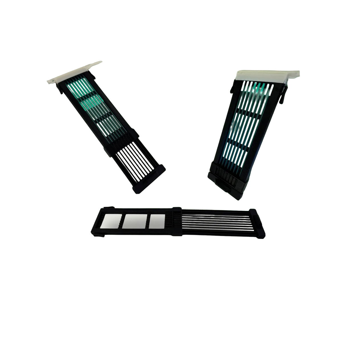 STUDS (Straw to Uterus Delivery System),"Three black racks holding clear tubes with green inserts"