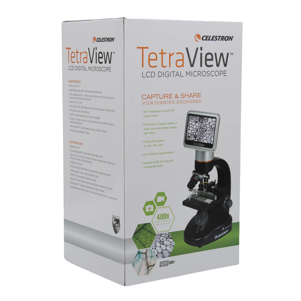 Celestron TetraView LCD Digital Microscope,"Product box shown from front and side angle"