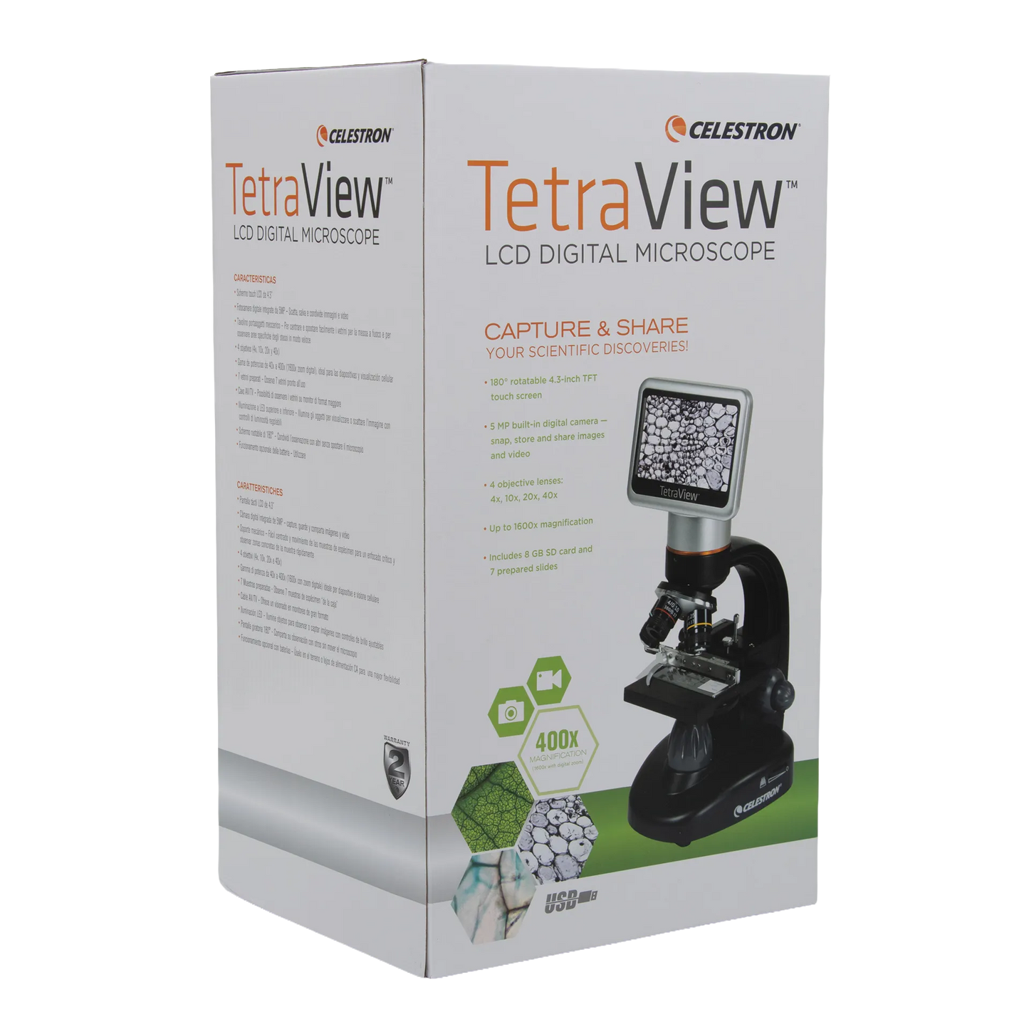 Celestron TetraView LCD Digital Microscope,"Product box shown from front and side angle"