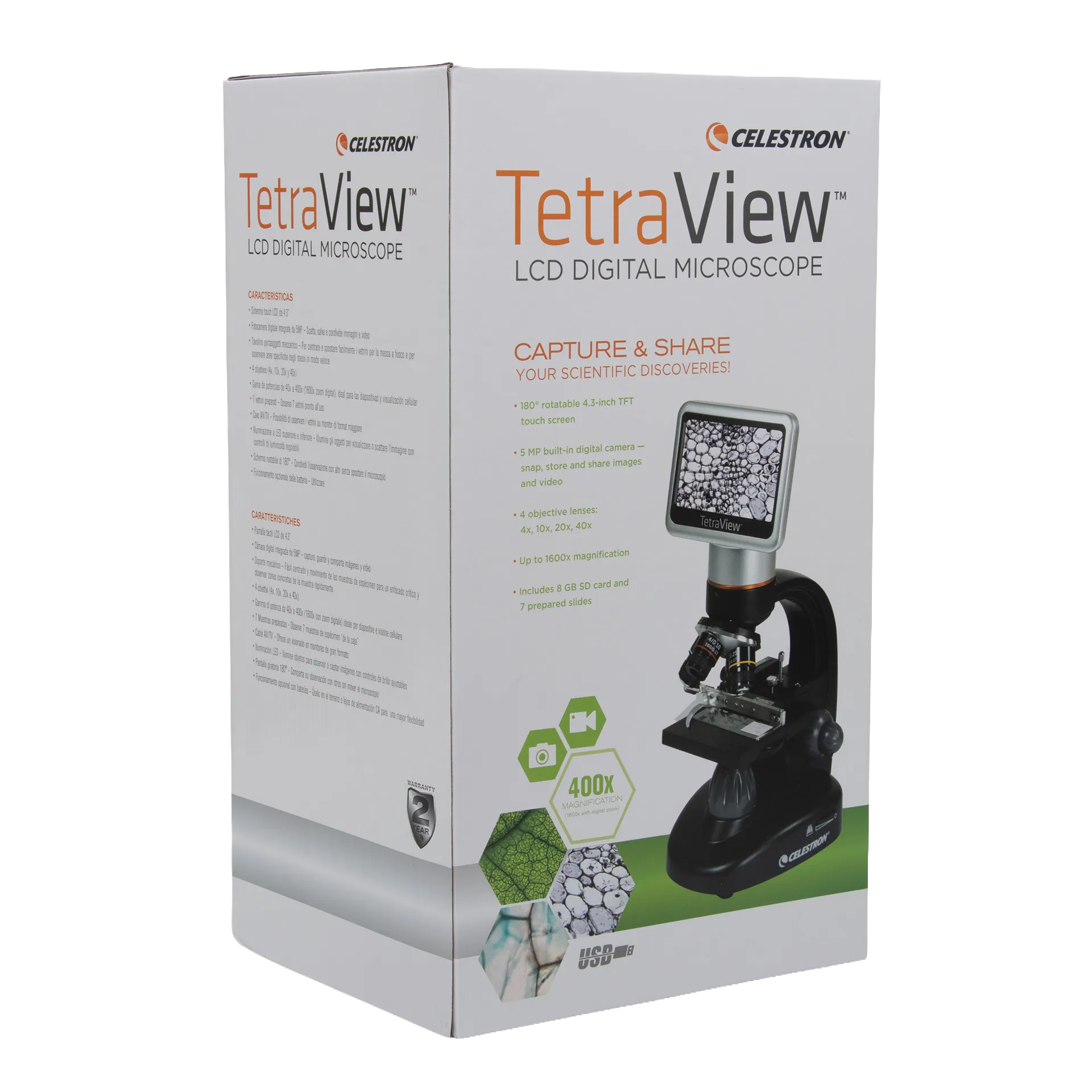 Celestron TetraView LCD Digital Microscope,"Product box shown from front and side angle"