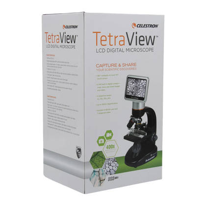 Celestron TetraView LCD Digital Microscope,"Product box shown from front and side angle"