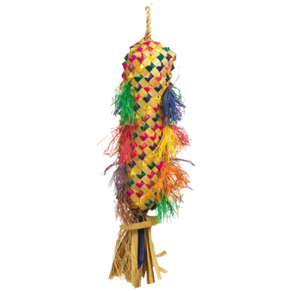 Parrot Pinata,"Woven hanging piñata with multicolor feather accents and tassel"