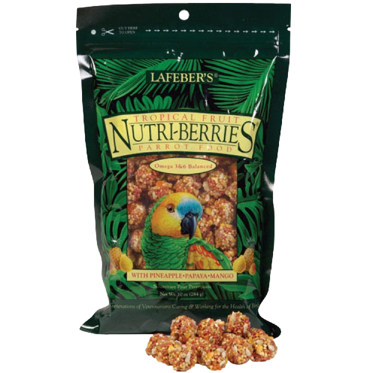 Lafeber Gourmet Tropical Fruit Nutri-Berries,"Resealable bag with parrot graphic and berry clusters"