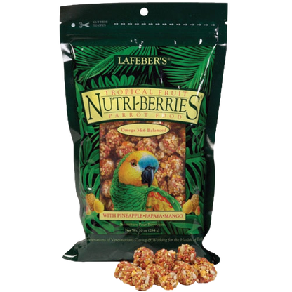 Lafeber Gourmet Tropical Fruit Nutri-Berries,"Resealable bag with parrot graphic and berry clusters"