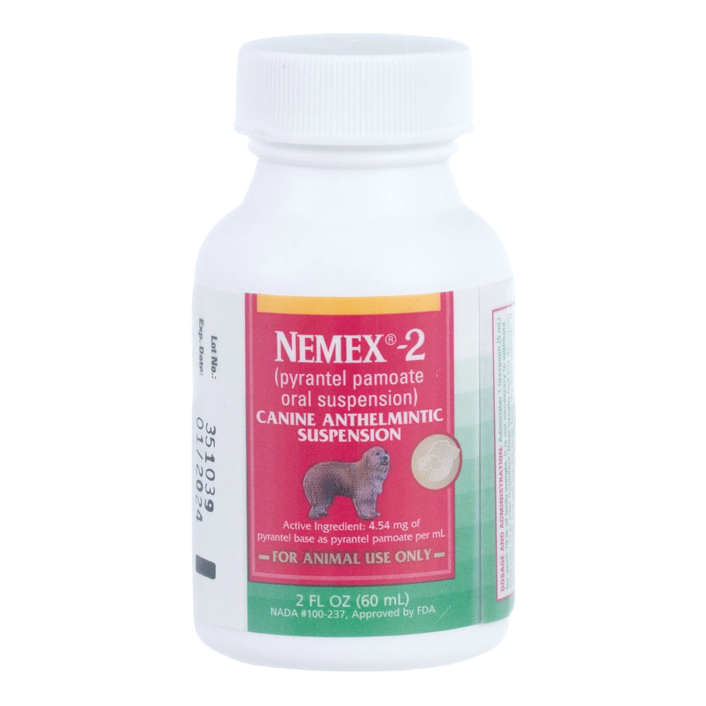Nemex®-2 Dewormer for Dogs,"White bottle with ribbed cap and pink front label"