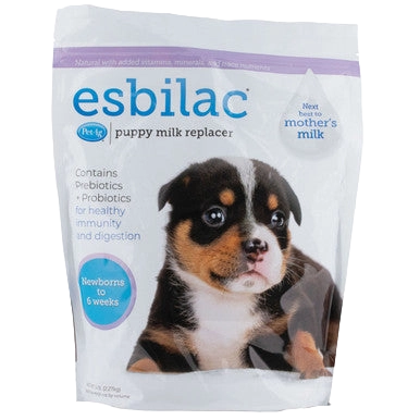 Esbilac® Puppy Milk Replacer,"Pouch of puppy milk replacer with puppy photo"