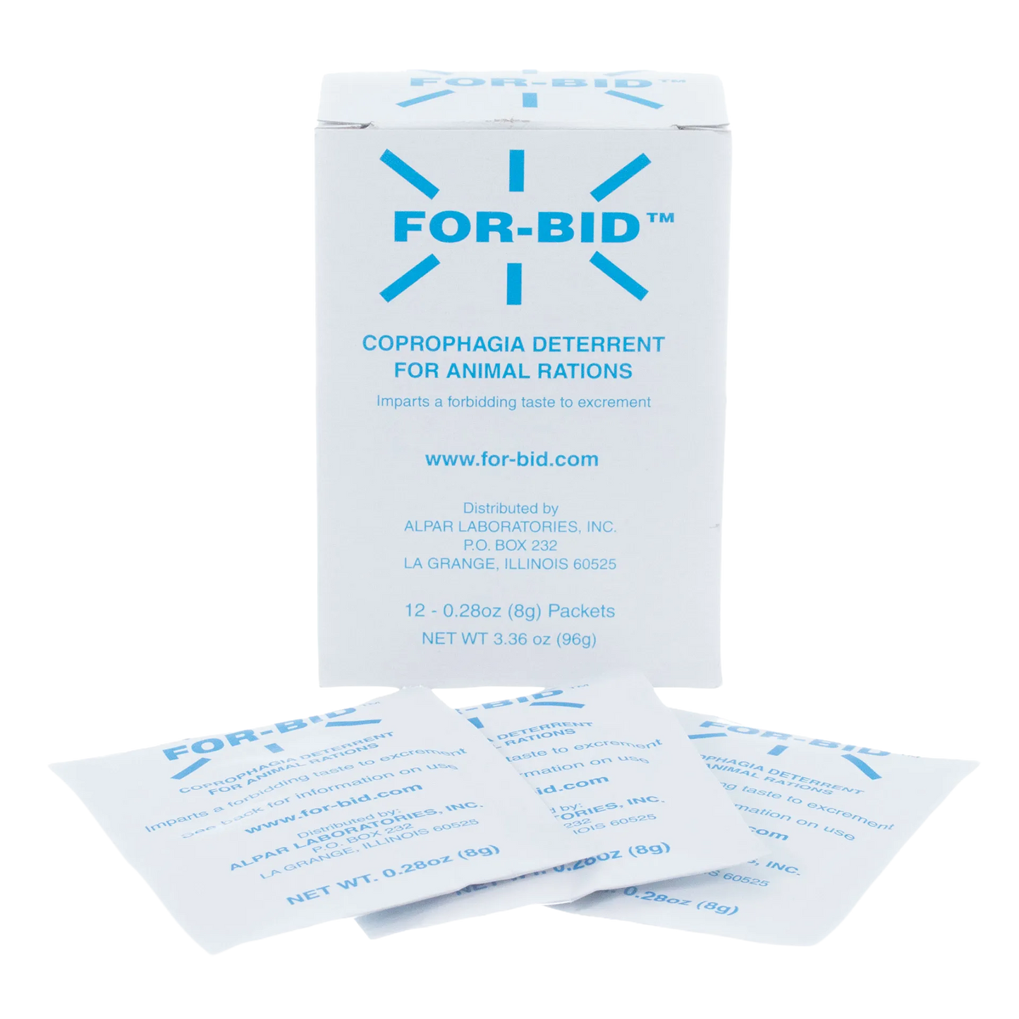 For-Bid™ for Dogs, Cats, and Horses,"Product box with individual packets in front"