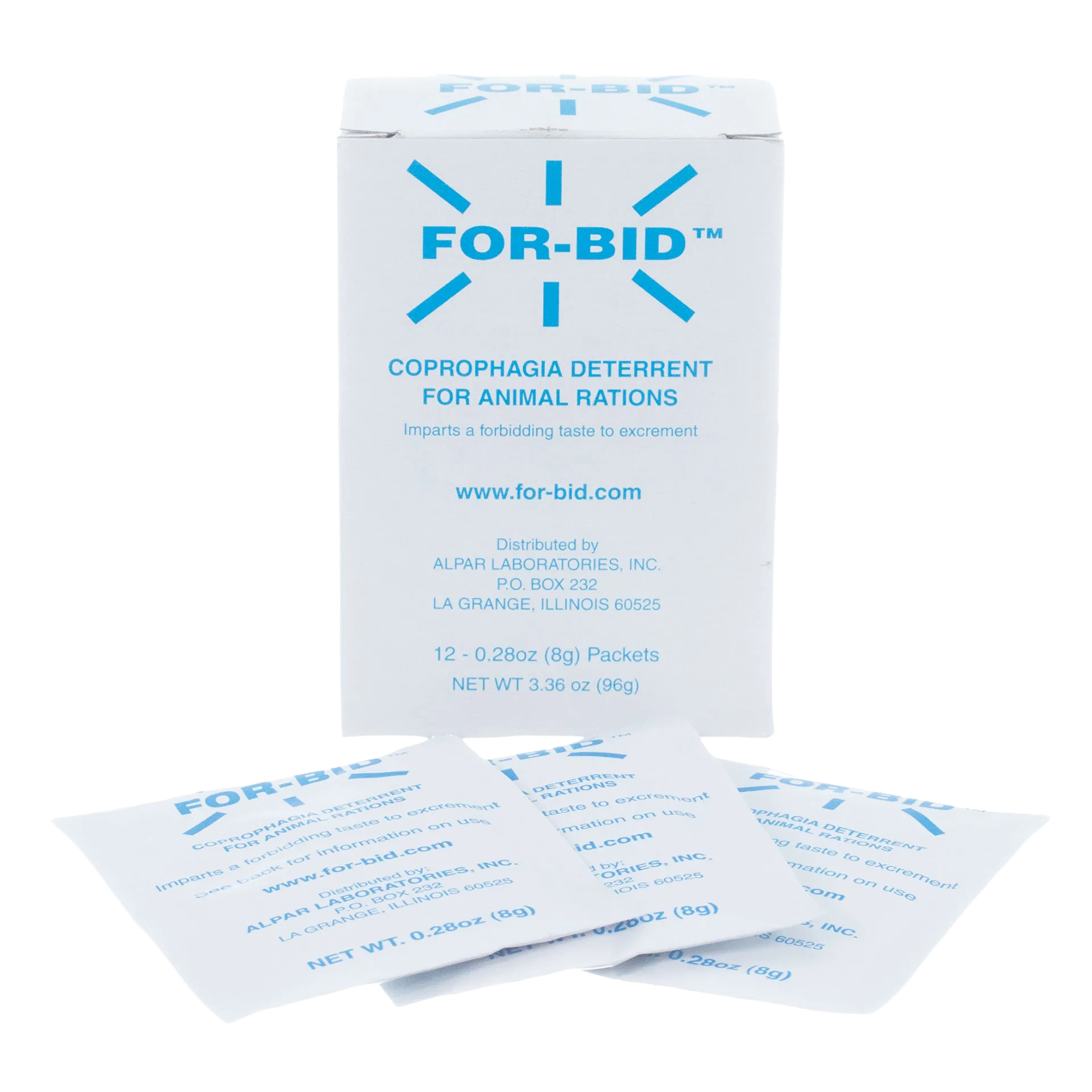 For-Bid™ for Dogs, Cats, and Horses,"Product box with individual packets in front"