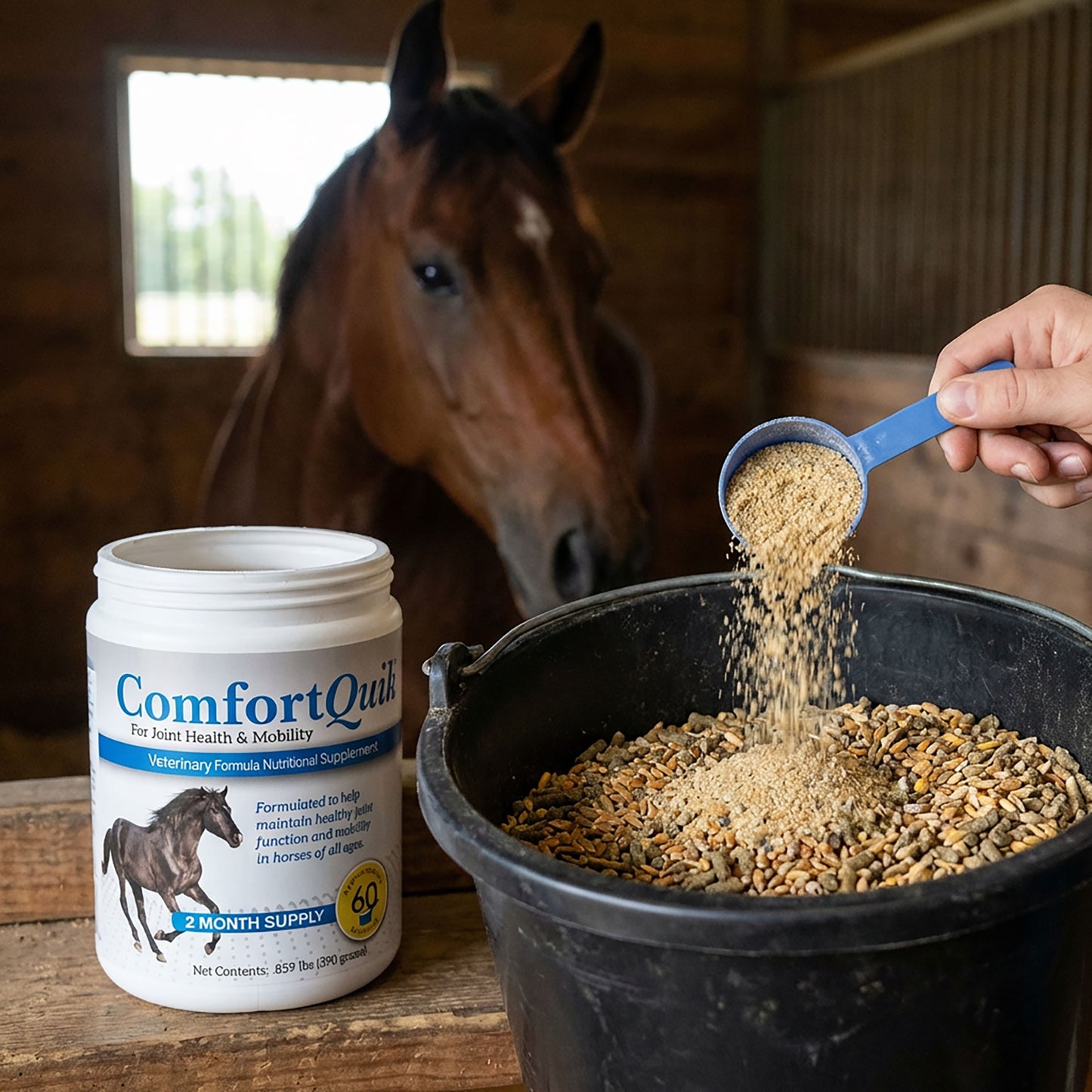 Comfort Quik™ Original,"Open supplement tub beside horse feed bucket with scoop pouring powder"