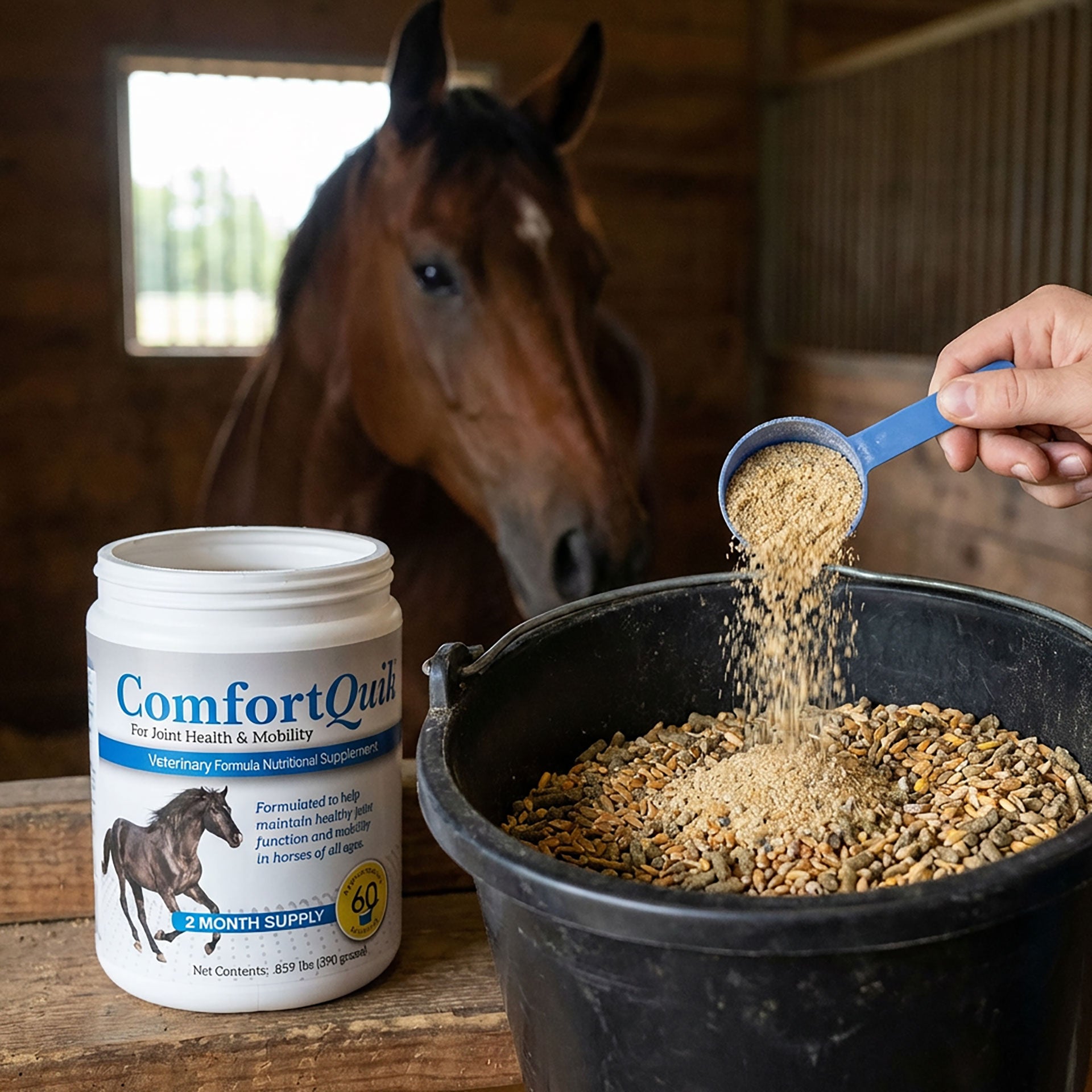 Comfort Quik™ Original,"Open supplement tub beside horse feed bucket with scoop pouring powder"