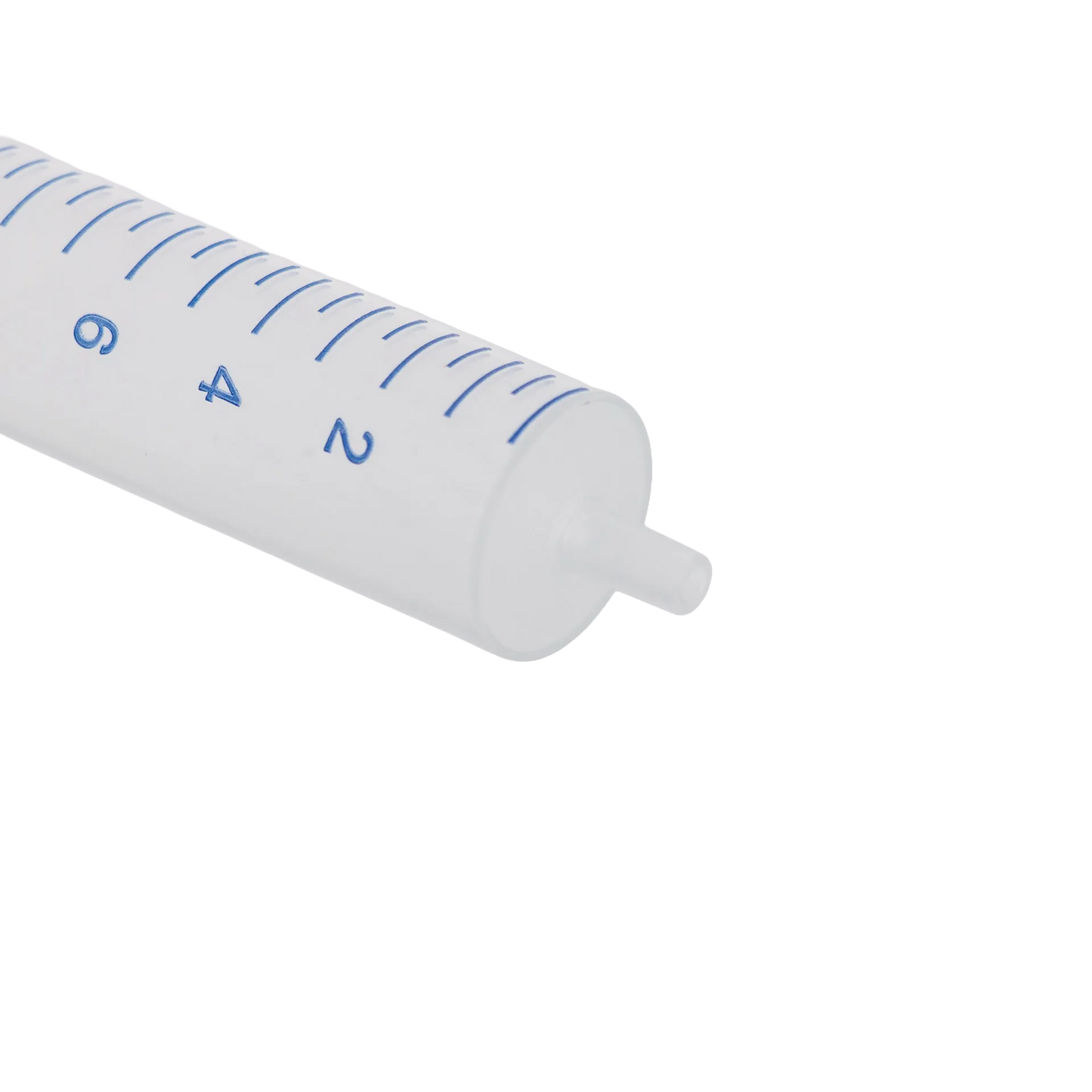 Semen Safe All Plastic Syringes,"Clear plastic syringe close-up with blue measurement marks"