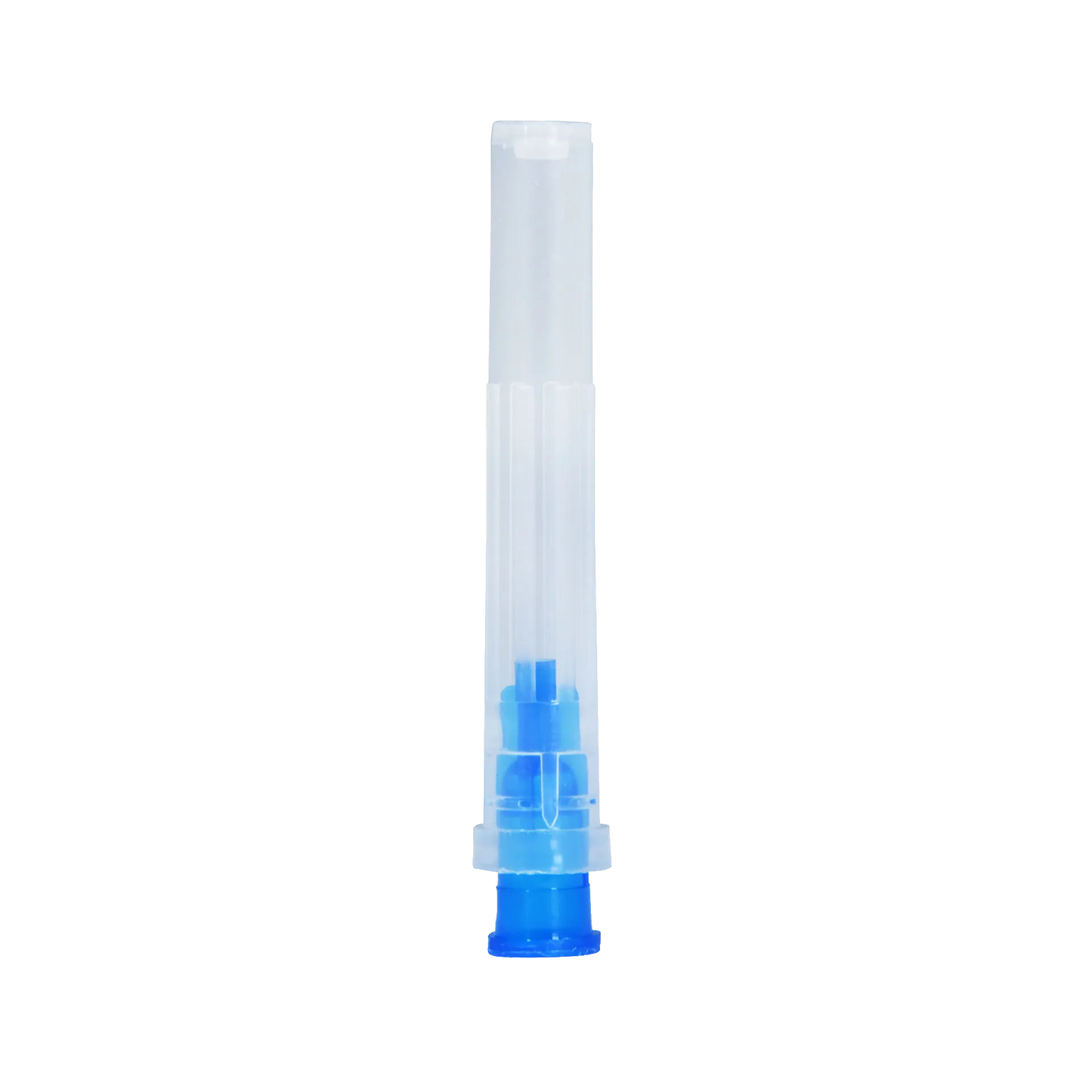 All Plastic Sterile Syringe Caps,"Clear syringe cap with blue inner insert"