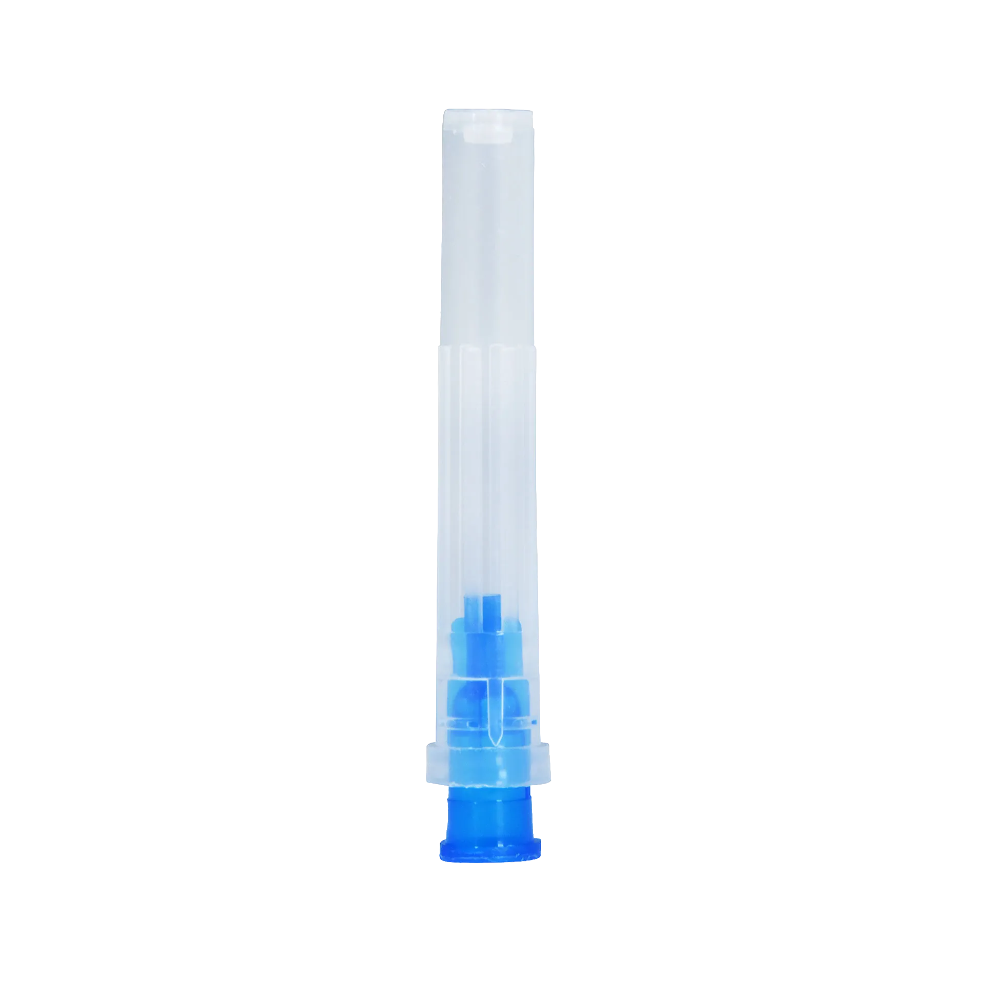 All Plastic Sterile Syringe Caps,"Clear syringe cap with blue inner insert"