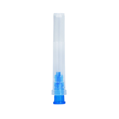 All Plastic Sterile Syringe Caps,"Clear syringe cap with blue inner insert"