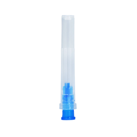 All Plastic Sterile Syringe Caps,"Clear syringe cap with blue inner insert"