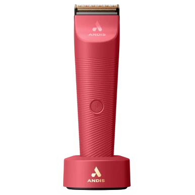 Vida Cordless Clipper by Andis,"Red cordless clipper standing on charging base"