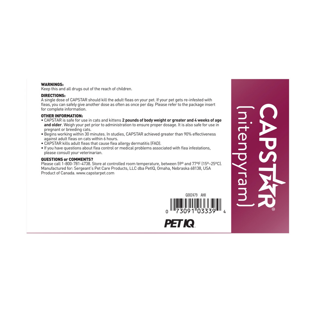 Capstar® Flea Oral Treatment for Cats,"Back of box with directions panel and barcode"