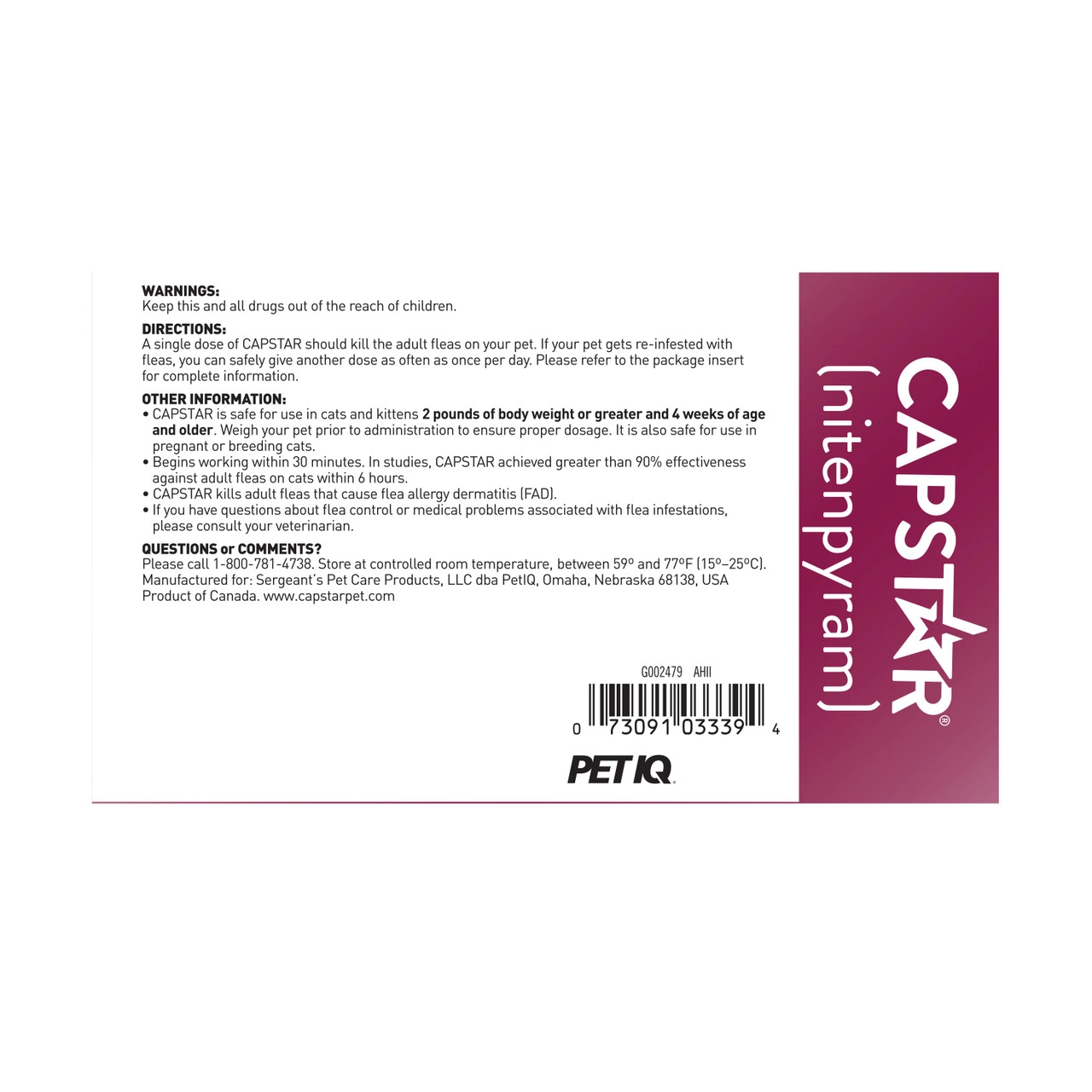 Capstar® Flea Oral Treatment for Cats,"Back of box with directions panel and barcode"