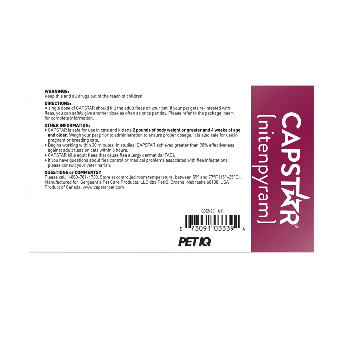Capstar® Flea Oral Treatment for Cats,"Back of box with directions panel and barcode"